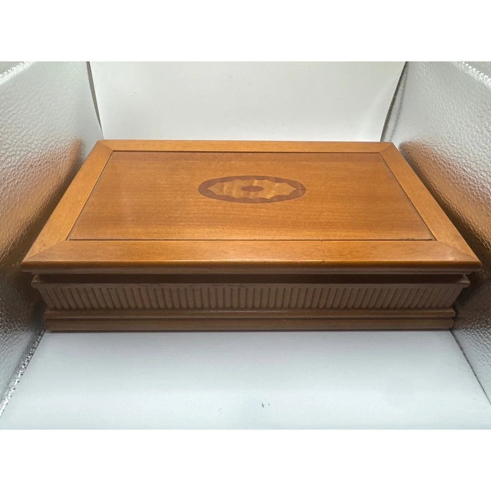 Vintage Wooden Jewelry Box Marquetry Inlay Fluted Base Red Velvet Lining 12in